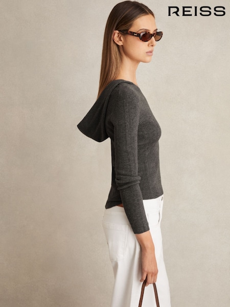 Reiss Charcoal Chloe Wool-Blend Rib-Knit Hooded Jumper (AL1171) | €82