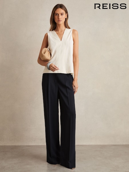 Reiss Navy Eden Petite Elasticated-Waist Wide-Leg Twill Trousers (AL1182) | €185
