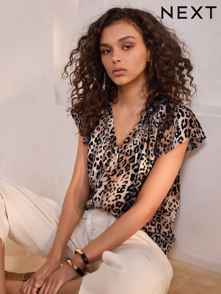 Leopard Printti; kuvio - Button Down Röyhelö Hihapusero Pellavalla (AL1221) | €28