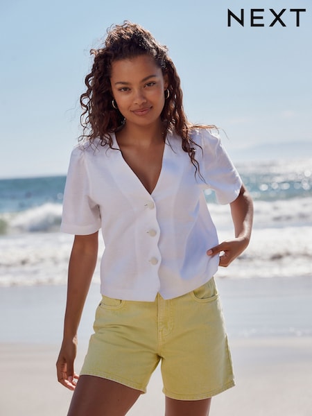 Valkoinen - Pellava Blend Scallop Button Down Lyhyt hiha Pusero (AL1225) | €53