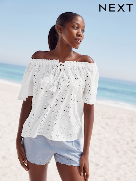 White Broderie Short Sleeve Tie Neck Bardot Top (AL1226) | €34.50