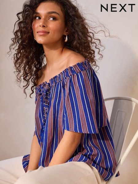 Sininen/Violetti Raita - Lyhyt hiha Solmio Neck Bardot Top (AL1230) | €35