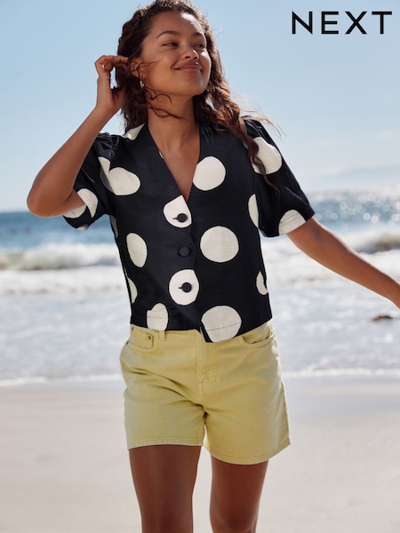 Navy Blue/White Spot Linen Blend Scallop Button Down Short Sleeve Blouse (AL1239) | €51.50
