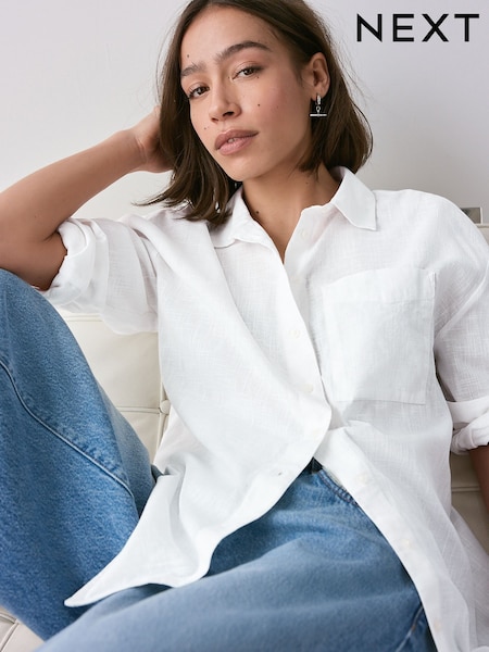 White Long Sleeve Shirt With Linen (AL1242) | $48