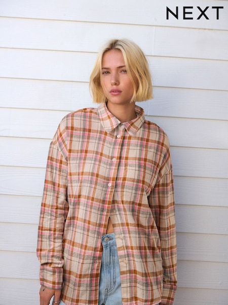 В розовую и желтую клетку - Long Sleeve Shirt With Linen (AL1246) | €32
