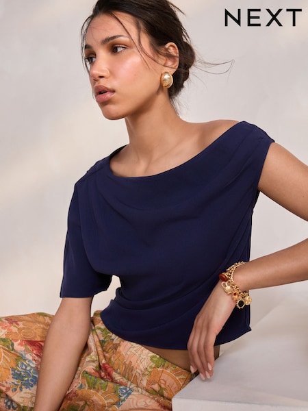 כחול כהה - Asymmetric Drape Short Sleeve Top (AL1254) | ‏73‏₪
