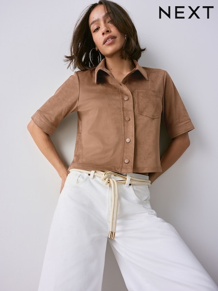 Tan Brown Faux Suede Short Sleeve Shirt (AL1257) | €49.50