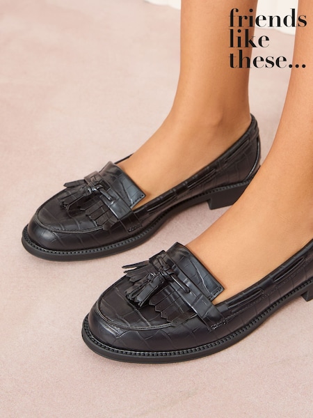Friends Like These Black Tassel Croc Effect Slip on Flat Faux Leather Loafers (AL1264) | €36