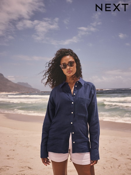 Navy Blue 100% Linen Button Down Relaxed Long Sleeve Shirt (AL1265) | 1,625 UAH