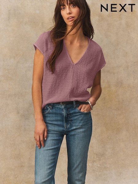 Pink Textured Short Sleeve V-Neck T-Shirt (AL1290) | $31
