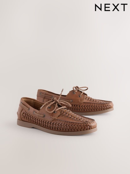 Tan Brown Leather Woven Boat Shoes (AL1340) | €53