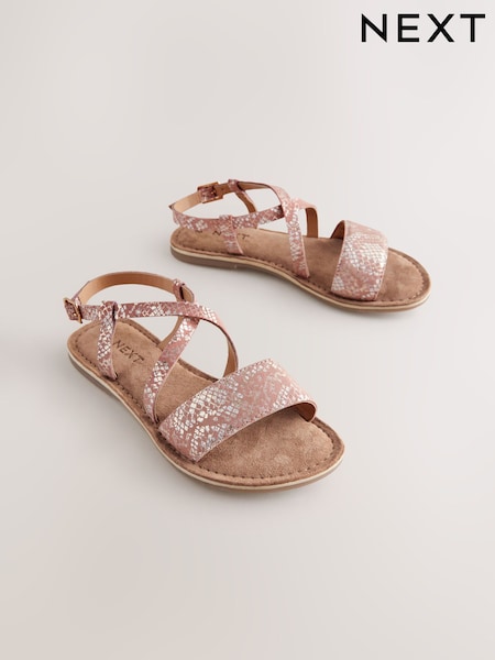 Pink Metallic Snake Print Leather Leather Strappy Buckle Fastening Sandals (AL1401) | AED86 - AED122