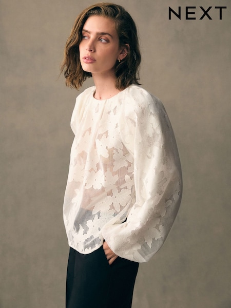 White Volume Sleeve Floral Grid Mesh Blouse (AL1599) | €62