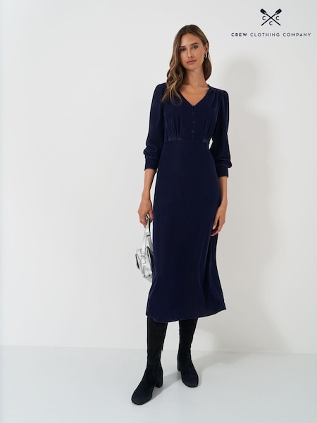 Crew Clothing Blue Velvet Kyra Button Detail Dress (AL1635) | AED259