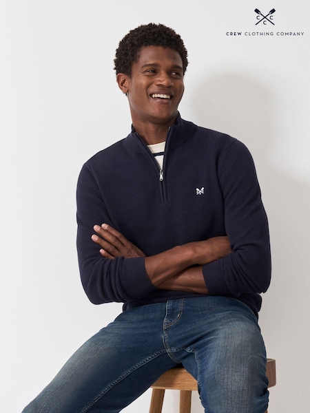 Crew Clothing Blue Pique Stitch Half Zip 100% Cotton Jumper (AL1657) | R$ 740