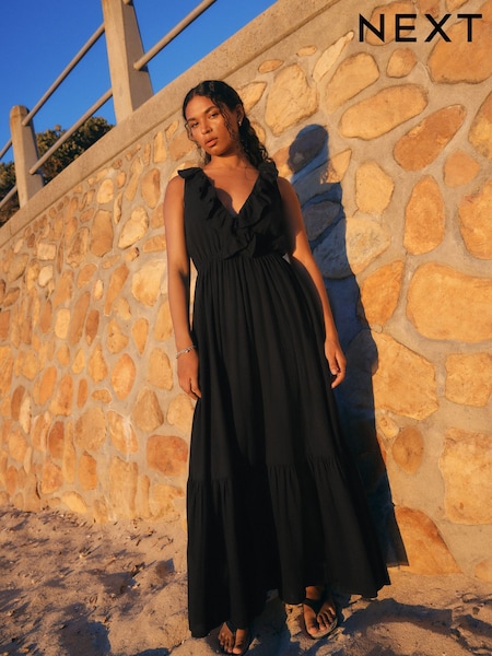 Black Plunge Neck 100% Cotton Maxi Dress (AL1664) | R$ 425