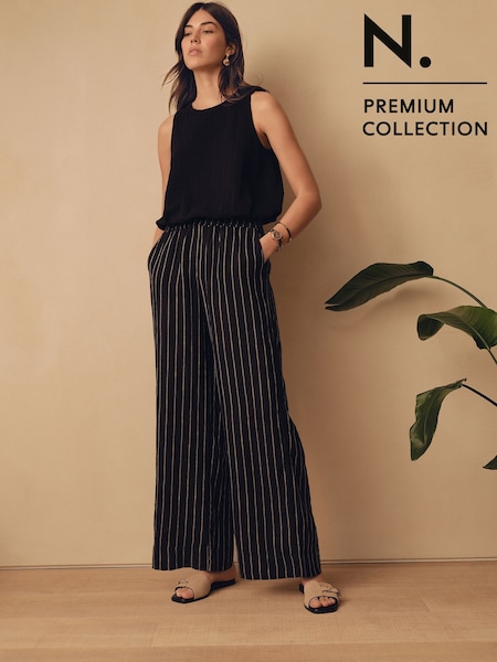 Black/White N. Premium 100% Linen Wide Leg Pull-on Trousers (AL1711) | kr701