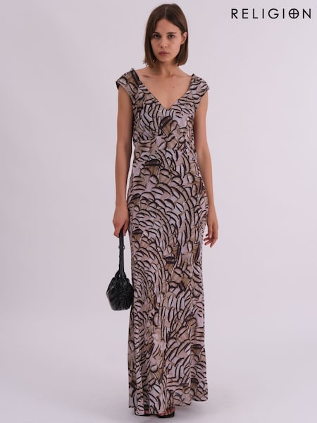 Religion Natural Dawn Maxi Column Dress With Draped Back Detail In Hand-Painted Print (AL1714) | 292 QAR