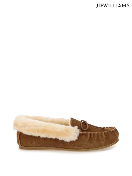 JD Williams Chestnut Classic Suede Moccasin Slippers in Wide Fit (AL1731) | €37