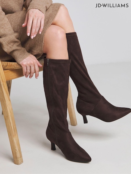 JD Williams Brown Kitten Heel High Leg Boots in Wide Fit (AL1743) | €90