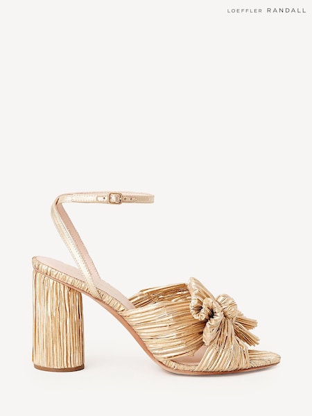 Loeffler Randall Gold Camellia Pleated Knot Heeled Sandals With Ankle Strap (AL1759) | 1,881 QAR