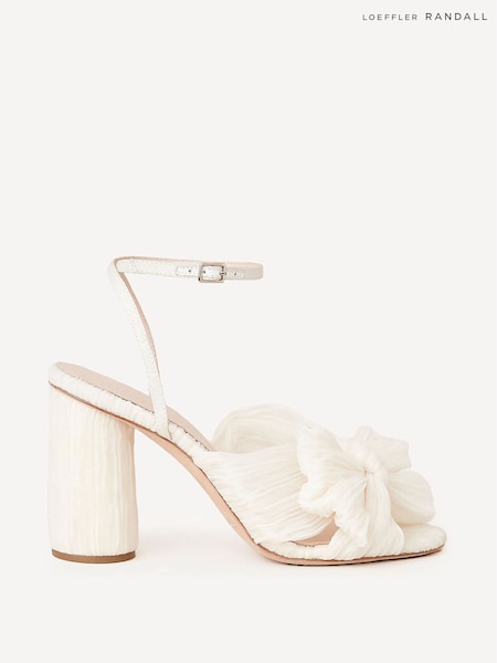 Loeffler Randall White Camellia Pleated Knot Heeled Sandals With Ankle Strap (AL1767) | 1,881 QAR