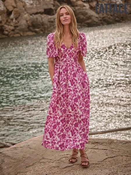 FatFace Marlowe Purple Gathered Sleeve Printed Dress (AL1869) | 440 QAR