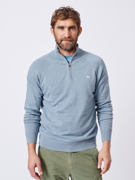 Sininen - Aubin Blue Bonby Zip Neck 100% Cotton Jumper (AL1902) | €124