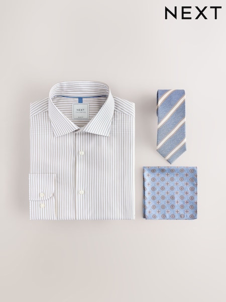 Neutral Stripe/Chambray Stripe with Pocket Square Slim Fit Shirt and Tie Pack (AL2617) | R$ 385