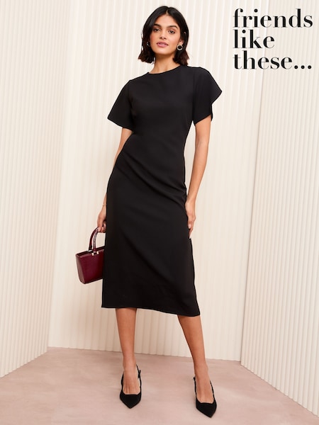 Friends Like These Black Petite Short Sleeve Midi Tailored Dress With Ruche Detail (AL2633) | $77