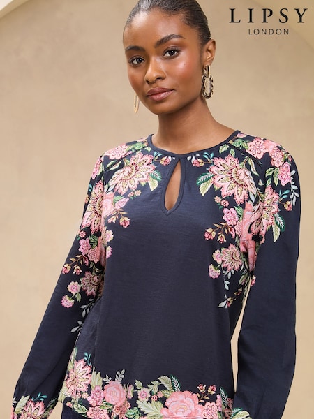 Lipsy Black Printed Keyhole Long Sleeve Top (AL2710) | €24