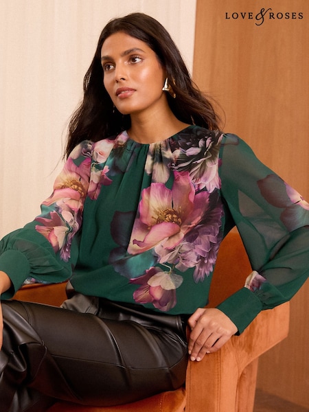 Love & Roses Green Floral Printed Crew Neck Blouse (AL2726) | AED245