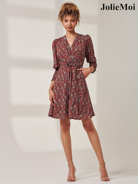 Jolie Moi Red Mini Floral Print Self Tie Dress (AL2803) | €34