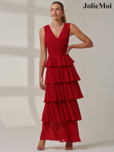 Jolie Moi Red Plain Tiered Mesh Maxi Dress (AL2806) | €63