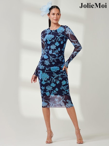 Jolie Moi Blue Ruched Sheath Maxi Mesh Dress (AL2807) | €38