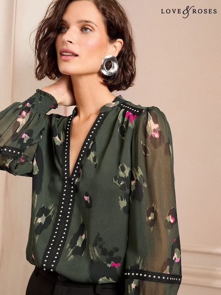 Love & Roses V-Neck Hardware Long Sleeve Blouse (AL2834) | 2 343 грн