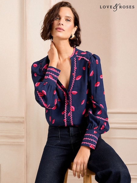 Love & Roses Leopard Print Ric Rac Notch Neck Long Sleeve Blouse (AL2838) | 198 LEI