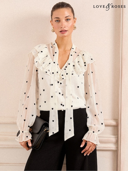 Love & Roses Embroidered Frill Tie Detail Long Sleeve Blouse (AL2846) | 313 LEI