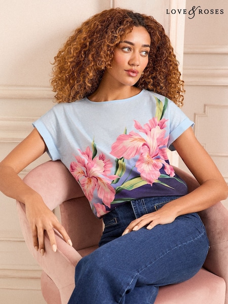 Floral cu efect ombre bleumarin - Tricou Love & Roses Tricou la baza gâtului Jerseu (AL2855) | 194 LEI