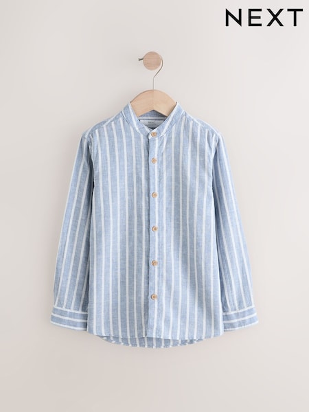 Blue Stripe Grandad Collar Linen Mix Long Sleeve Shirt (3-16yrs) (AL2862) | 59 QAR - 84 QAR