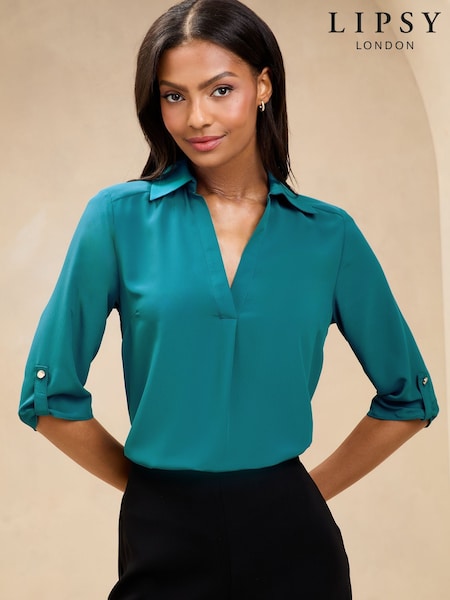 Lipsy Teal Blue V-Neck 3/4 Sleeve Collared Blouse (AL2893) | €35