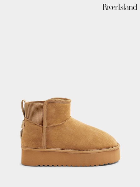 River Island Brown Faux Fur Lined Elastic Back Boots (AL3101) | €27