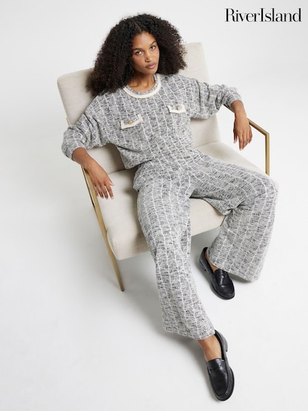 River Island Black Boucle Wide Leg Trousers (AL3102) | AED122