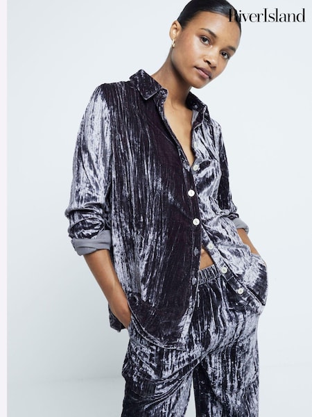 Gri - River Island Velvet Texture 100% Bumbac Cămăși (AL3104) | 209 LEI