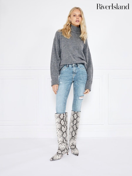 River Island Blue Mid Rise Bum Sculpt Ripped Knee Skinny Jeans (AL3115) | AED291