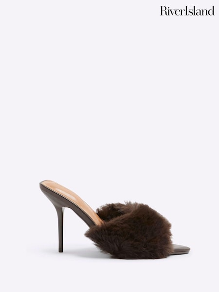 River Island Brown Faux Fur Heeled Mules (AL3119) | AED116