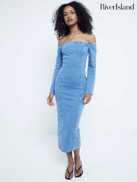 River Island Blue Denim Bardot Midi Dress (AL3125) | €36