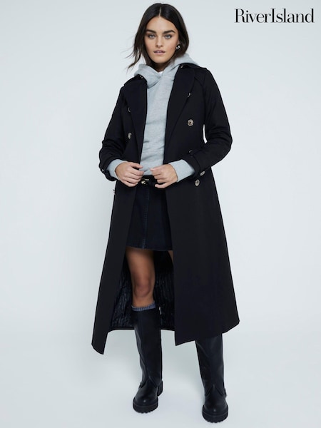 River Island Black Long Line Tailored Trench 100% Cotton Coat (AL3129) | AED288