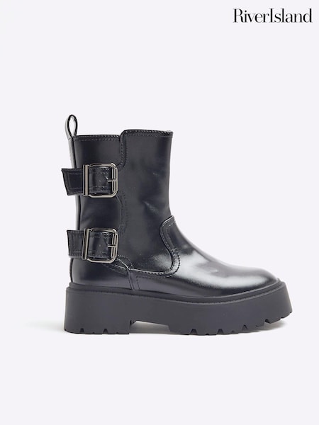 River Island Black Double Buckle Chunky Boots (AL3151) | €33