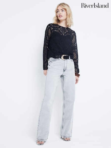 Musta - River Island Pitkä hiha Lace T-paita (AL3165) | €60